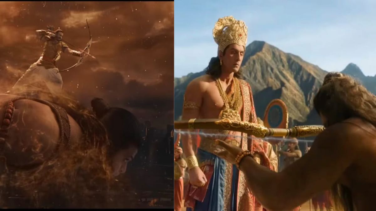 Ramayana vs Adipurush VFX and CGI comparison split screen image showing Ayodhya and Lanka scenery.